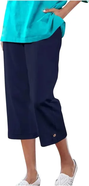 Linen Capri Pants for Women High Waisted Straight Leg Palazzo Trousers Lightweight Beach Lounge Pants with Pockets