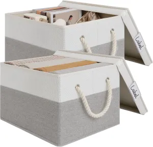 LoforHoney Home Fabric Storage Bins with Lids for Organizing, Foldable Closet Storage Boxes for Shelves, Clothes Baskets with Cotton Rope Handles, XLarge, Beige & Gray, 2-Pack
