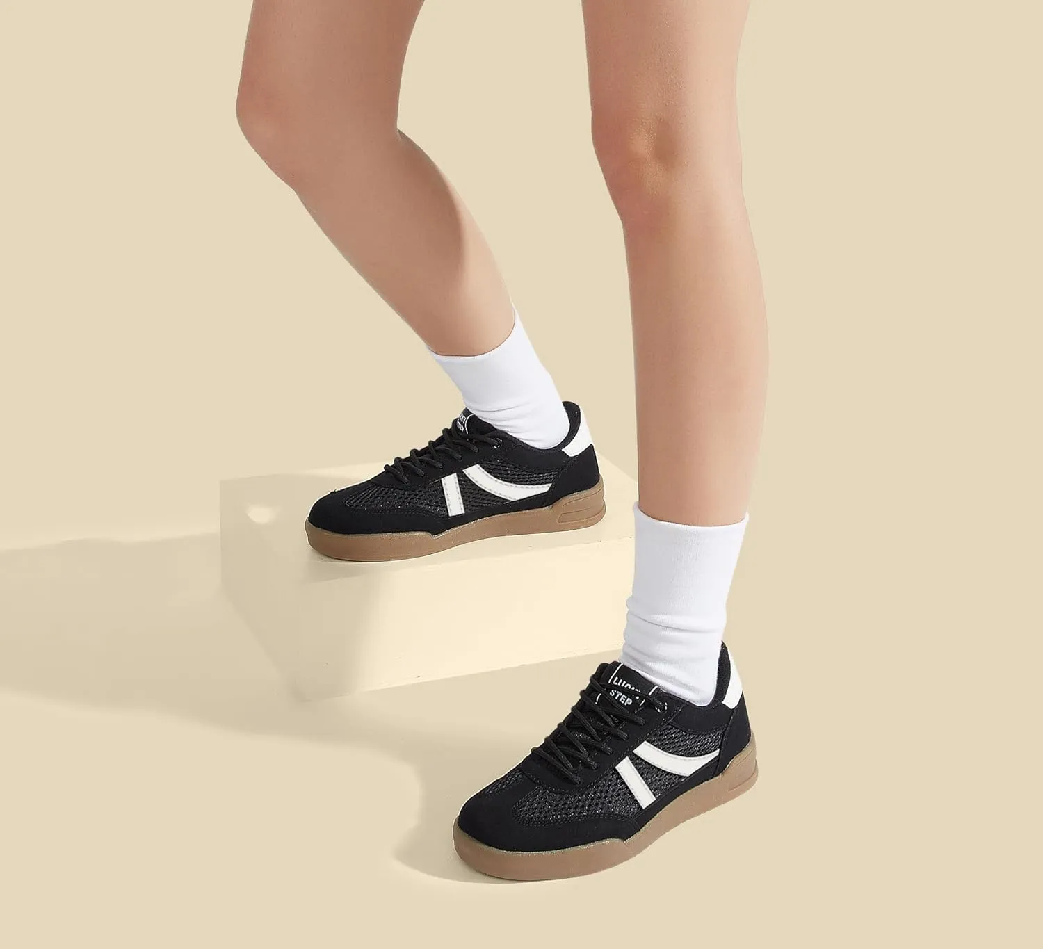LUCKY STEP Women's Retro Fashion Sneakers Classic Mesh Gum Sole Tennis Footwear Casual Running Trainer Skate Walking Shoes