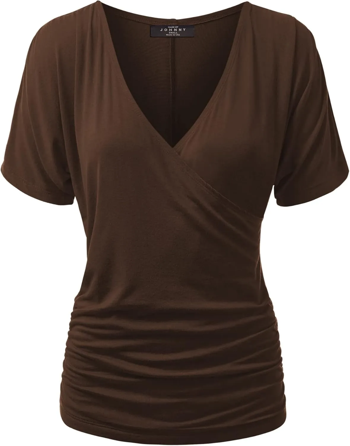 Made By Johnny Women's V Neck Short Sleeve Wrap Front Drape Dolman Tunic Top