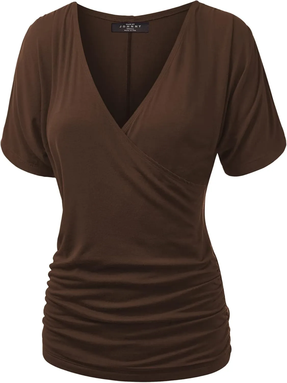 Made By Johnny Women's V Neck Short Sleeve Wrap Front Drape Dolman Tunic Top