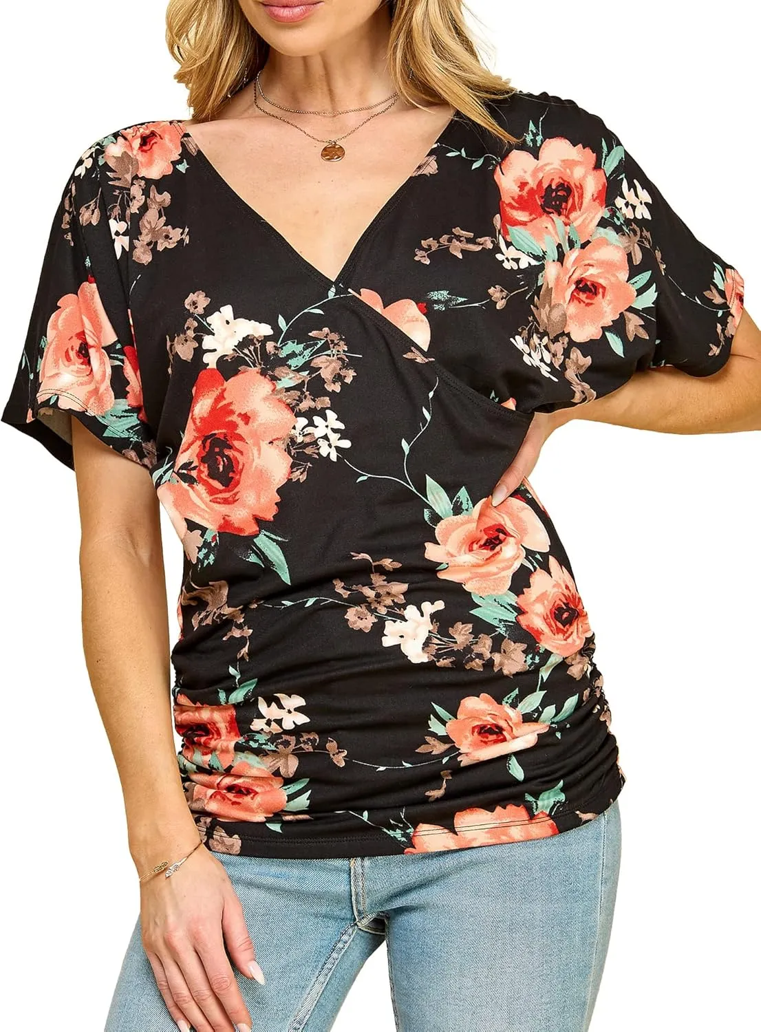 Made By Johnny Women's V Neck Short Sleeve Wrap Front Drape Dolman Tunic Top