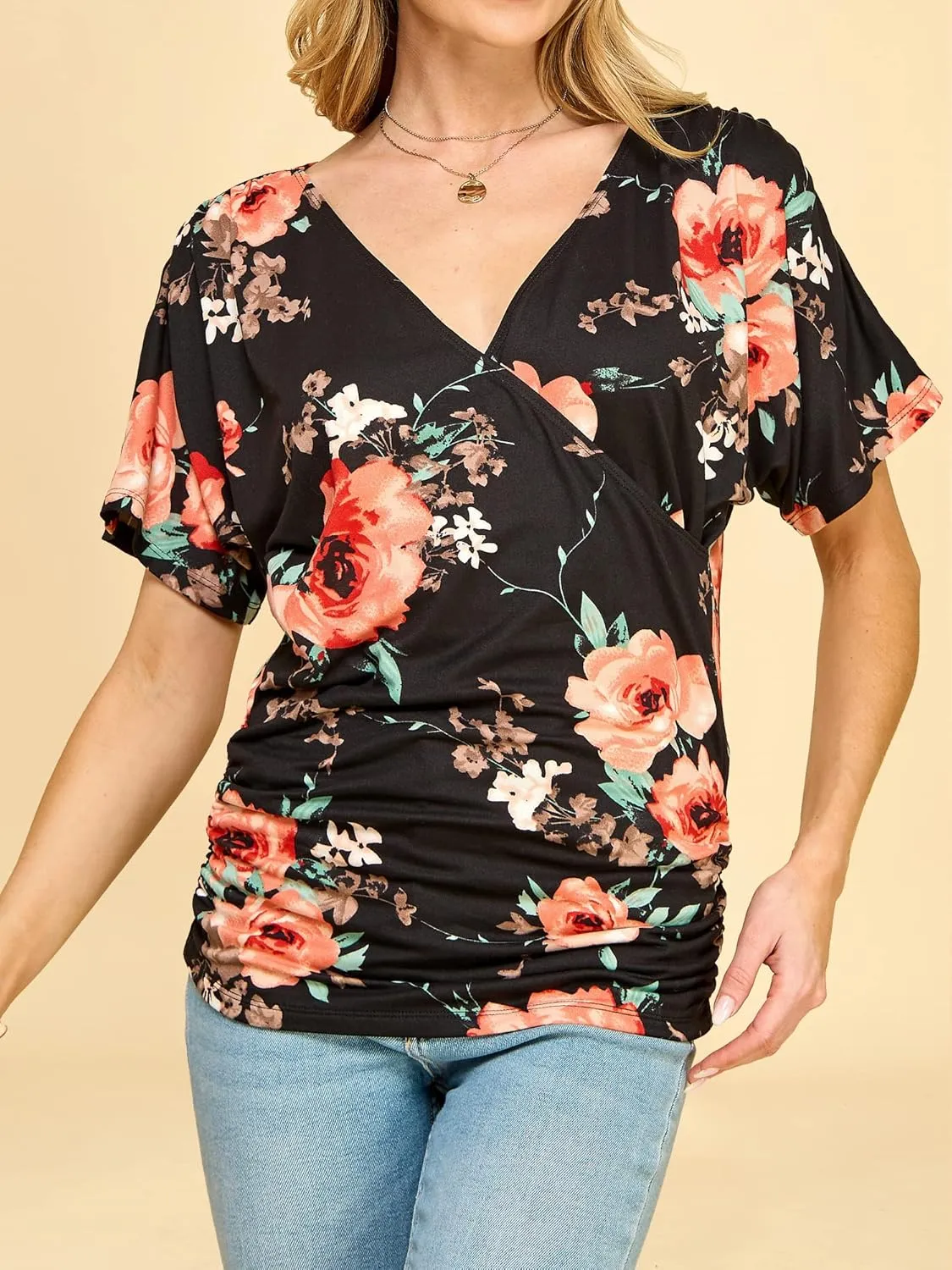 Made By Johnny Women's V Neck Short Sleeve Wrap Front Drape Dolman Tunic Top