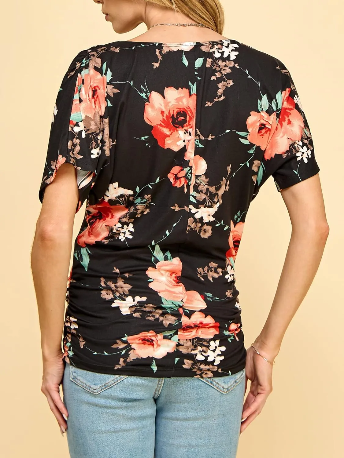 Made By Johnny Women's V Neck Short Sleeve Wrap Front Drape Dolman Tunic Top