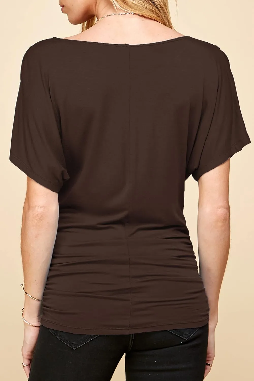 Made By Johnny Women's V Neck Short Sleeve Wrap Front Drape Dolman Tunic Top