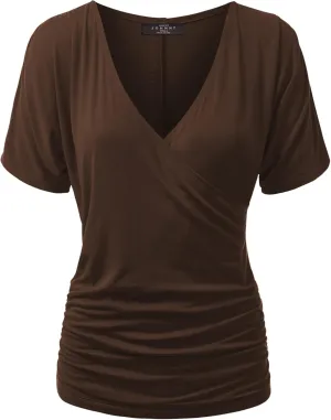 Made By Johnny Women's V Neck Short Sleeve Wrap Front Drape Dolman Tunic Top
