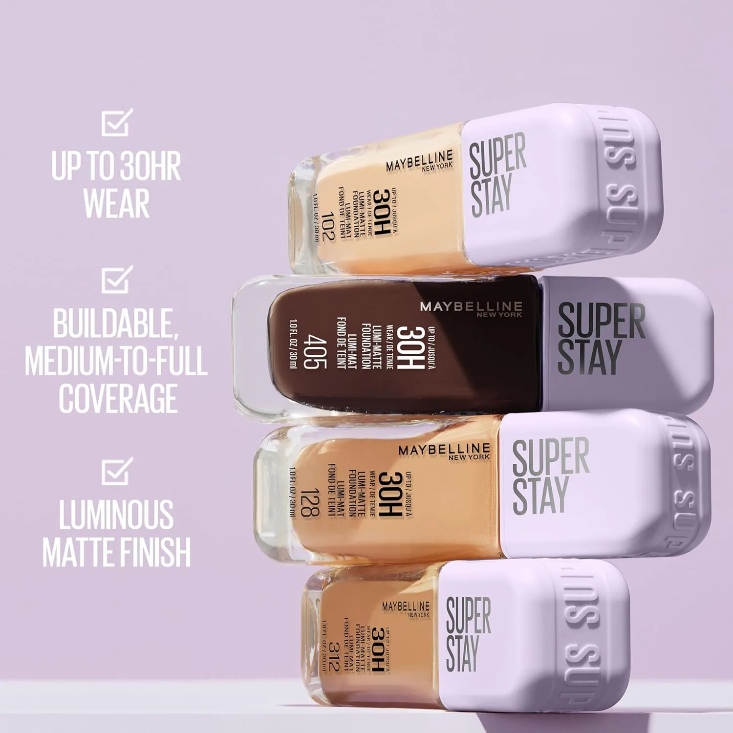 Maybelline Super Stay Lumi-Matte Foundation, Lightweight and Buildable Full Coverage Foundation Makeup For Up To 30HR Wear, 102, 1 Count