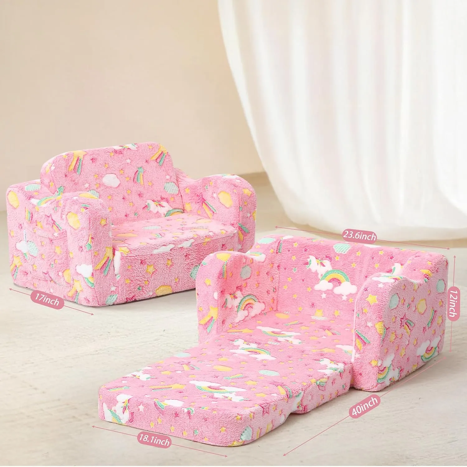 MeMoreCool Folding Toddler Chair, Glow-in-The-Dark Soft Plush Kids Fold-Out Couch Sofa, Comfy Baby Recliner for Girls and Boys (Glowing Unicorn, Pink)