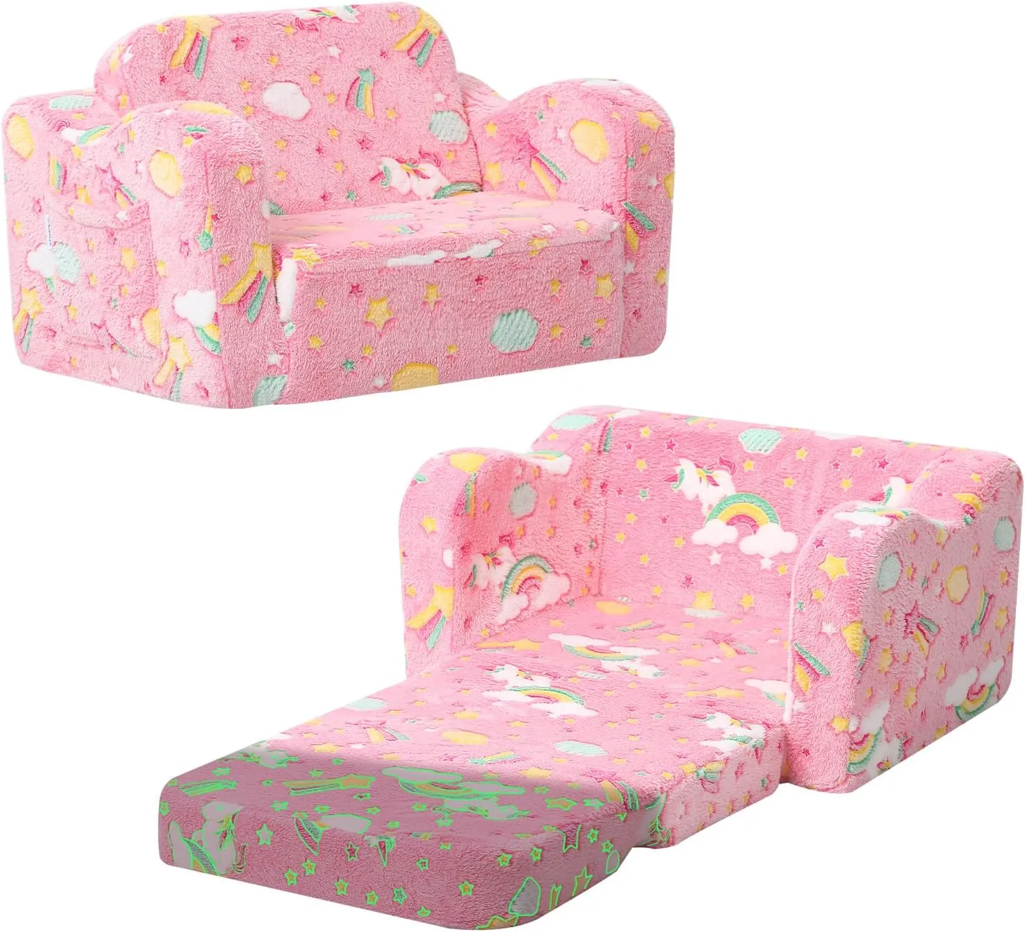 MeMoreCool Folding Toddler Chair, Glow-in-The-Dark Soft Plush Kids Fold-Out Couch Sofa, Comfy Baby Recliner for Girls and Boys (Glowing Unicorn, Pink)