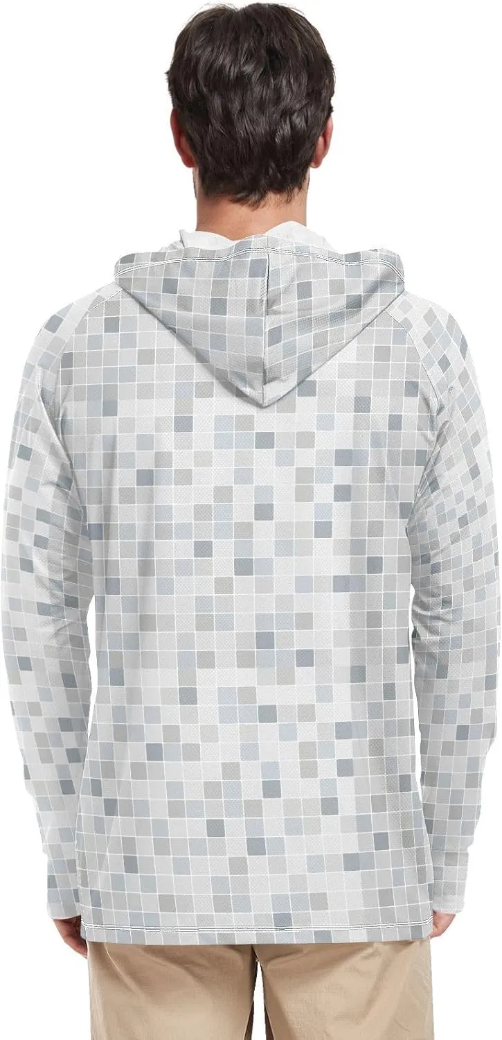 Mens Sun Hoodie Shirts UV Protection Long Sleeve Geometry Sun Shirt with Hood UPF 50  Sun Proof Shirts UV Rashguard