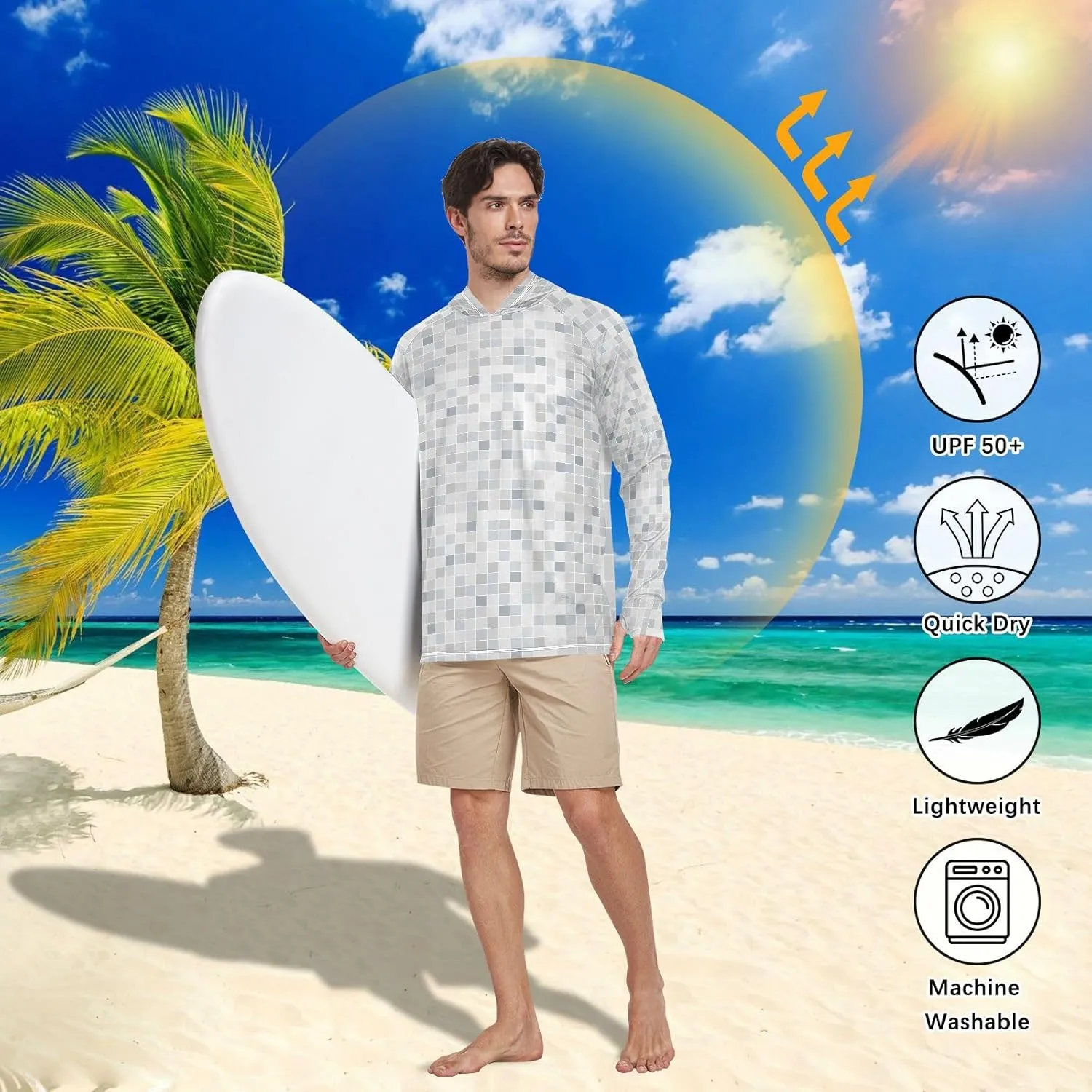 Mens Sun Hoodie Shirts UV Protection Long Sleeve Geometry Sun Shirt with Hood UPF 50  Sun Proof Shirts UV Rashguard