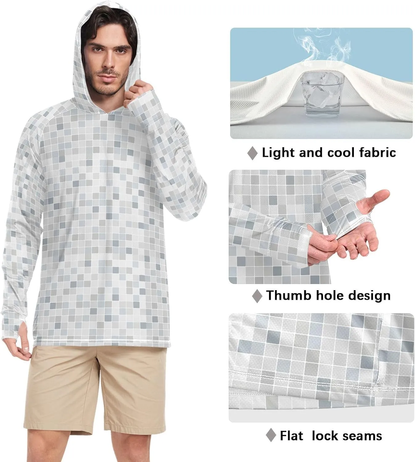 Mens Sun Hoodie Shirts UV Protection Long Sleeve Geometry Sun Shirt with Hood UPF 50  Sun Proof Shirts UV Rashguard