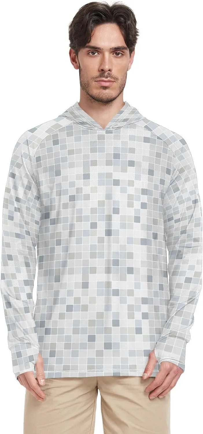 Mens Sun Hoodie Shirts UV Protection Long Sleeve Geometry Sun Shirt with Hood UPF 50  Sun Proof Shirts UV Rashguard