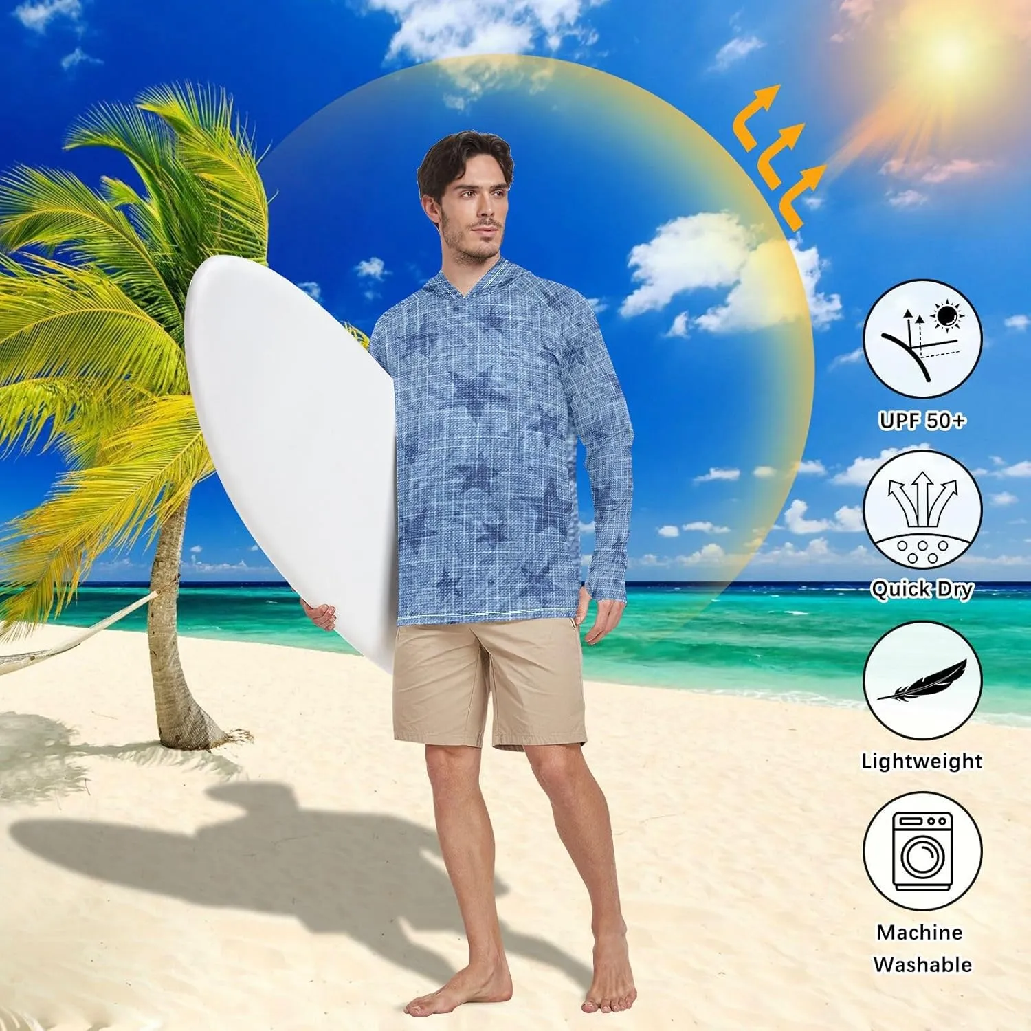 Men's Sun Protection Hoodie Long Sleeve Indigo Blue UPF 50 Mens Sun Shirt Active Wear Men UV Rash Guards