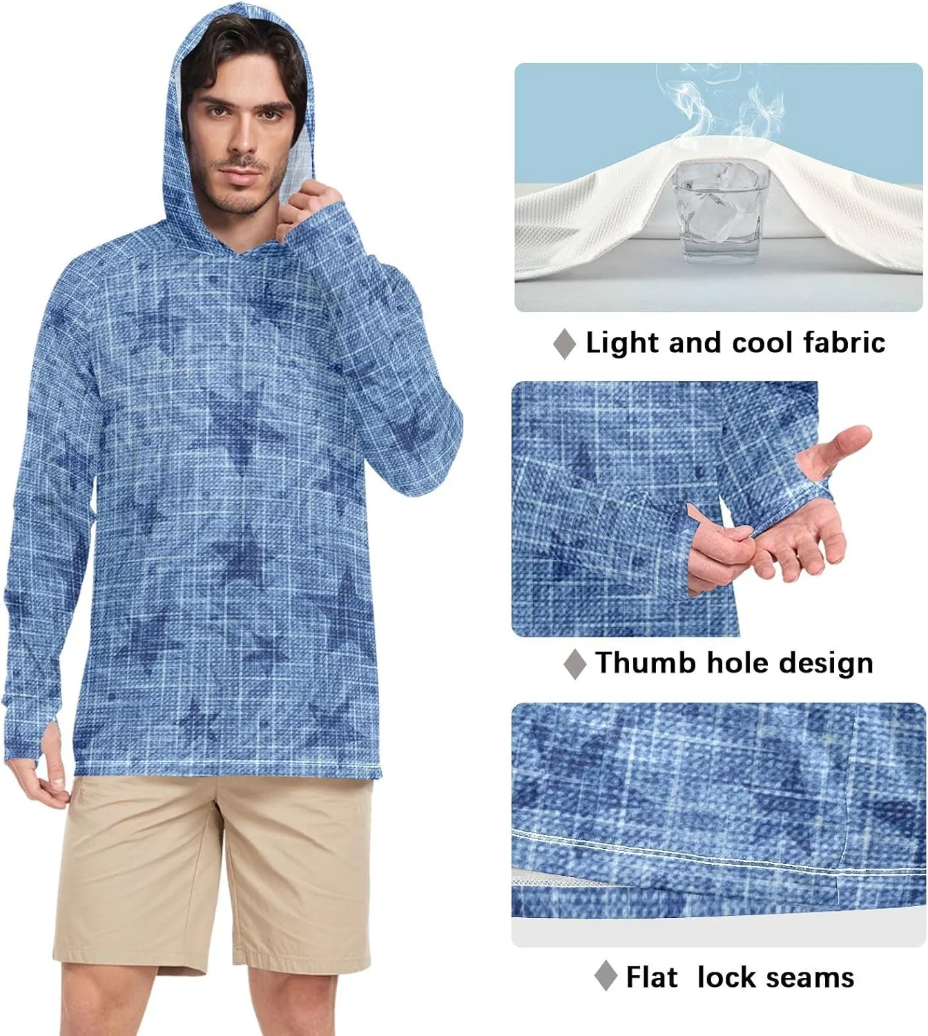 Men's Sun Protection Hoodie Long Sleeve Indigo Blue UPF 50 Mens Sun Shirt Active Wear Men UV Rash Guards