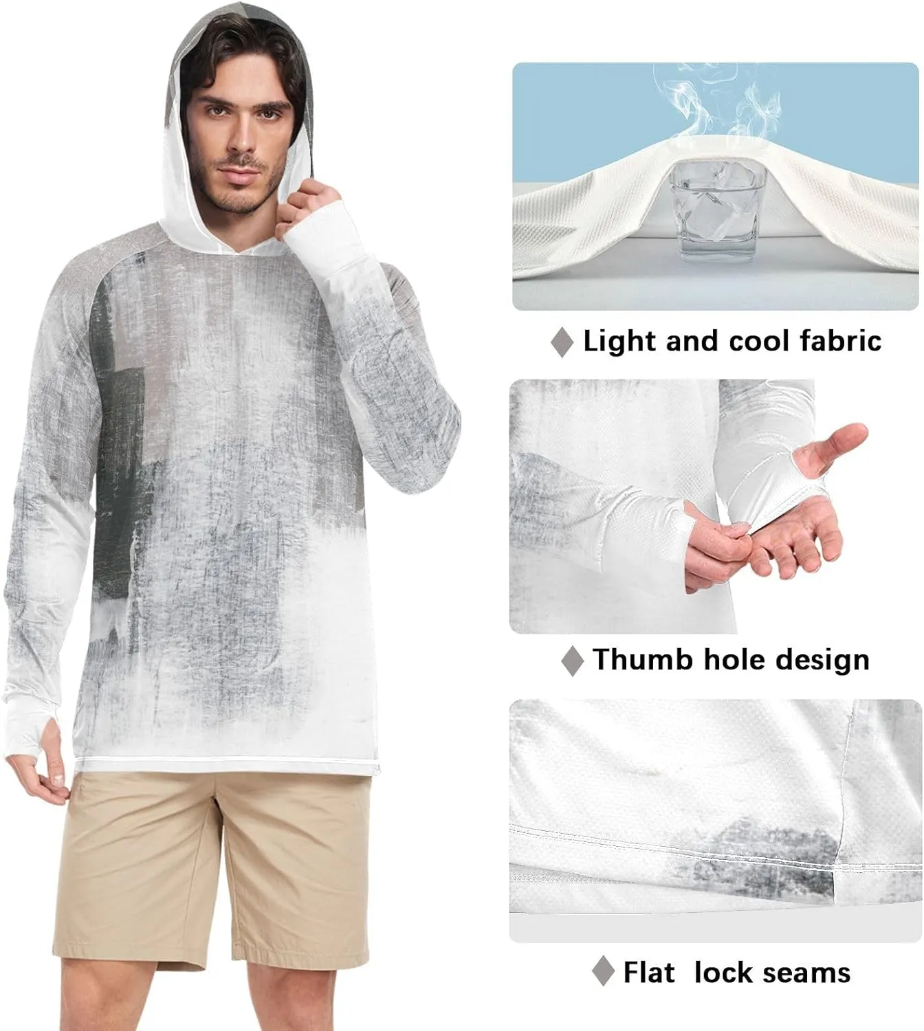 Mens Sun Protection Hoodie Long Sleeve UPF 50   Mens Sun Shirts Rash Guard for Men Active Wear Abstract Black White