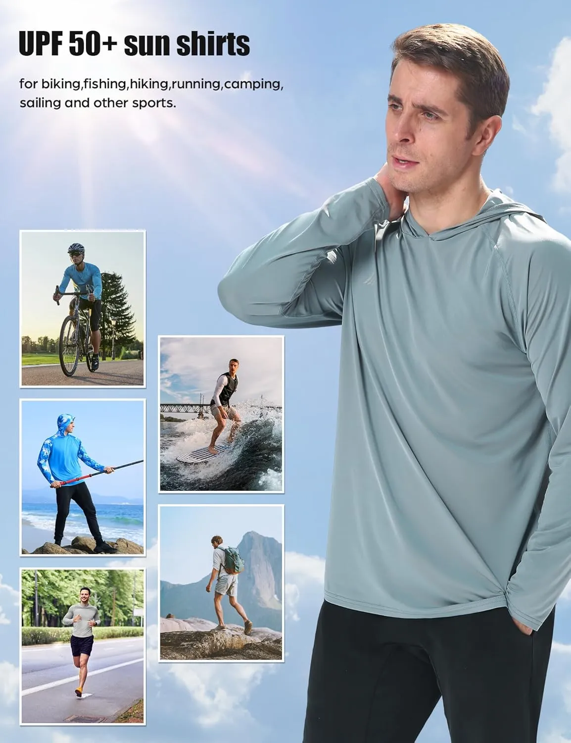 Men's Sun Protection Hoodie Shirts UPF 50  Long Sleeve SPF UV Rash Guard Fishing Hiking Lightweight