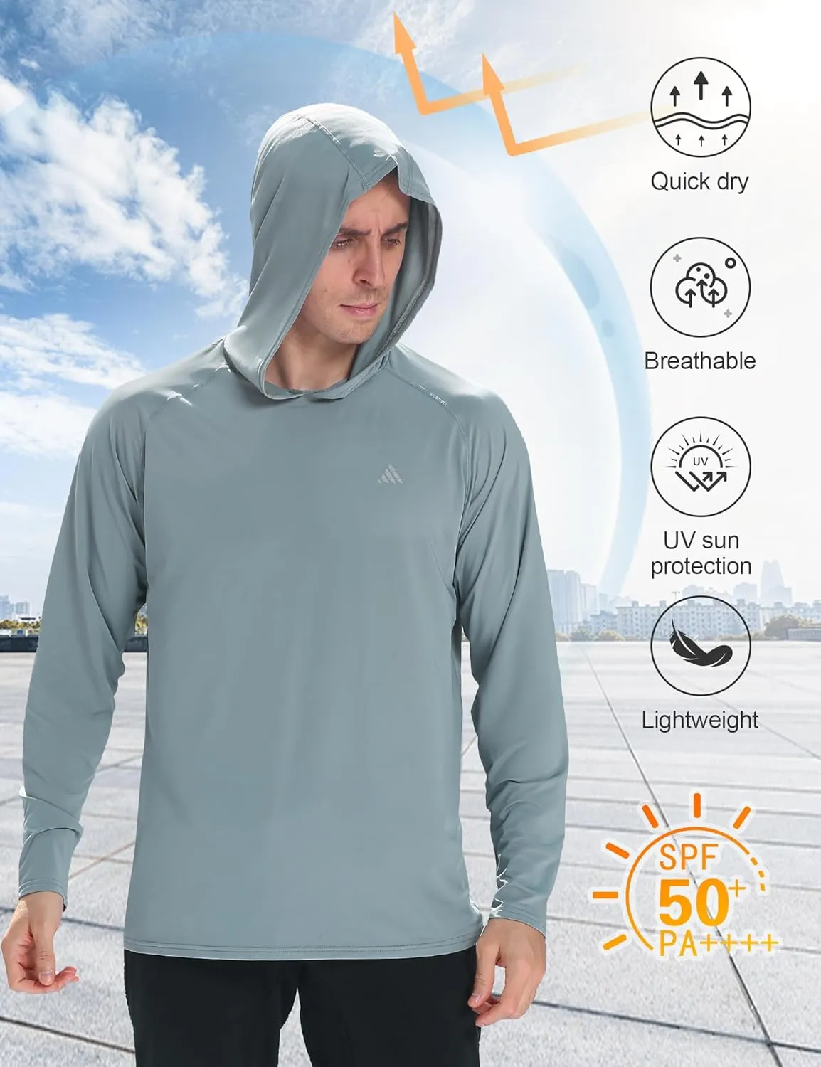 Men's Sun Protection Hoodie Shirts UPF 50  Long Sleeve SPF UV Rash Guard Fishing Hiking Lightweight