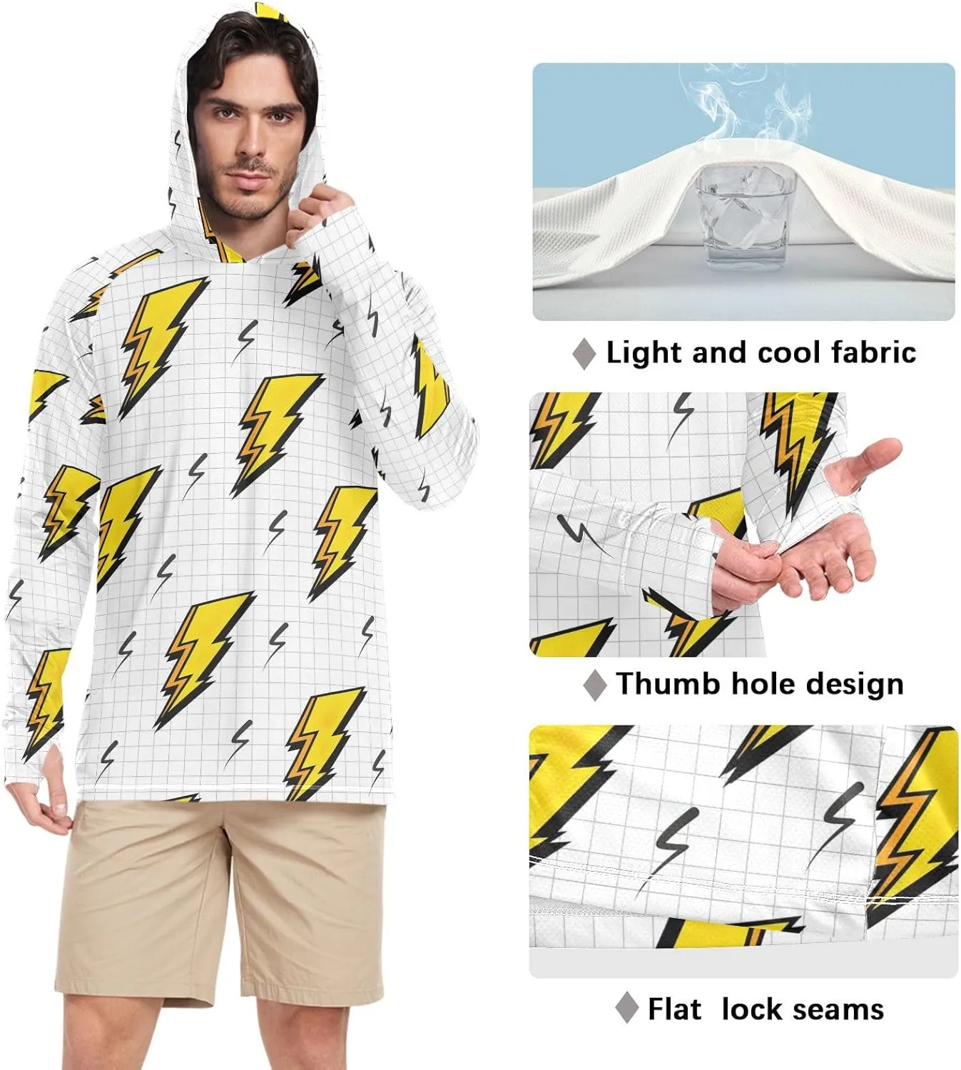 Mens Sun Shirts Protection Long Sleeve Lightning Icon UPF 50 Mens Sun Shirt Sun Proof Shirts UV Hooded Rashguard