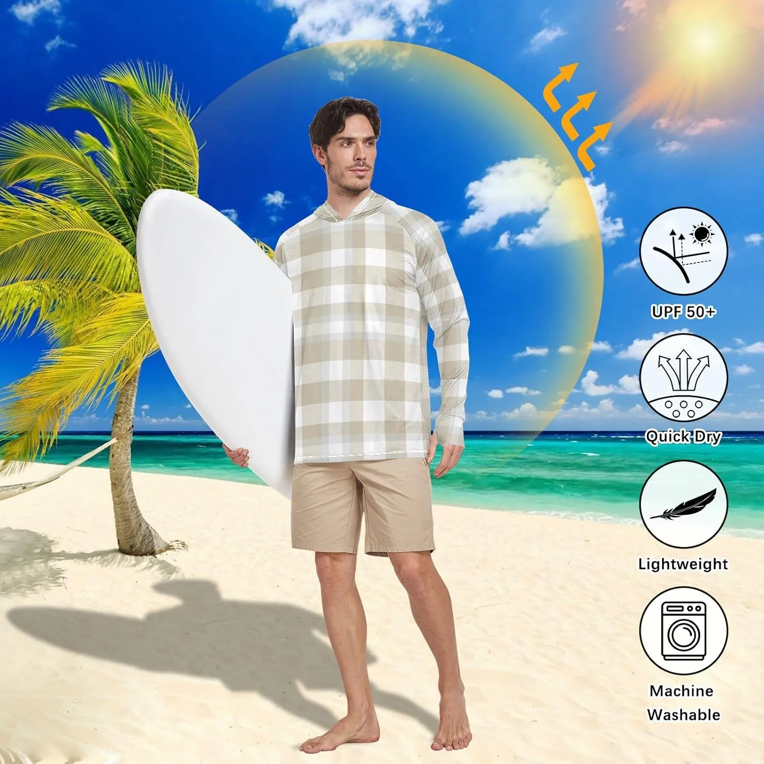 Mens Sun Shirts Protection Long Sleeve Plaid Cream Fishing Shirt UPF 50 Adult Rash Guards Rash Guard Men UV