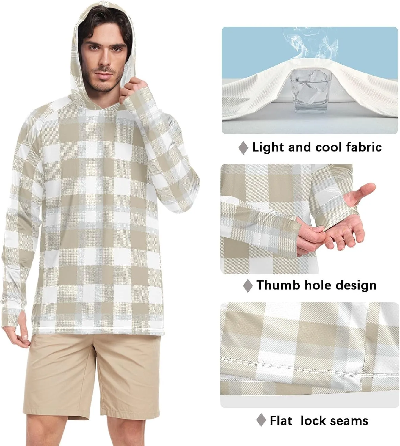 Mens Sun Shirts Protection Long Sleeve Plaid Cream Fishing Shirt UPF 50 Adult Rash Guards Rash Guard Men UV