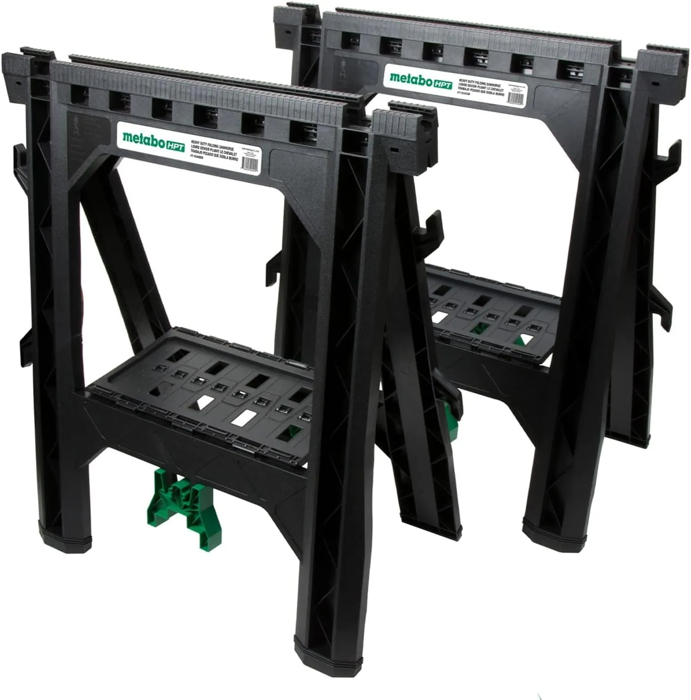 Metabo HPT Folding Sawhorses, 2-Pack, Lightweight Design, 1,200 lbs Capacity, Includes 4 Sawbucks, Ideal for Extra Workstations, Non-Skid Feet for Stability, Built-In Shelf and Cord Hooks, 115445M