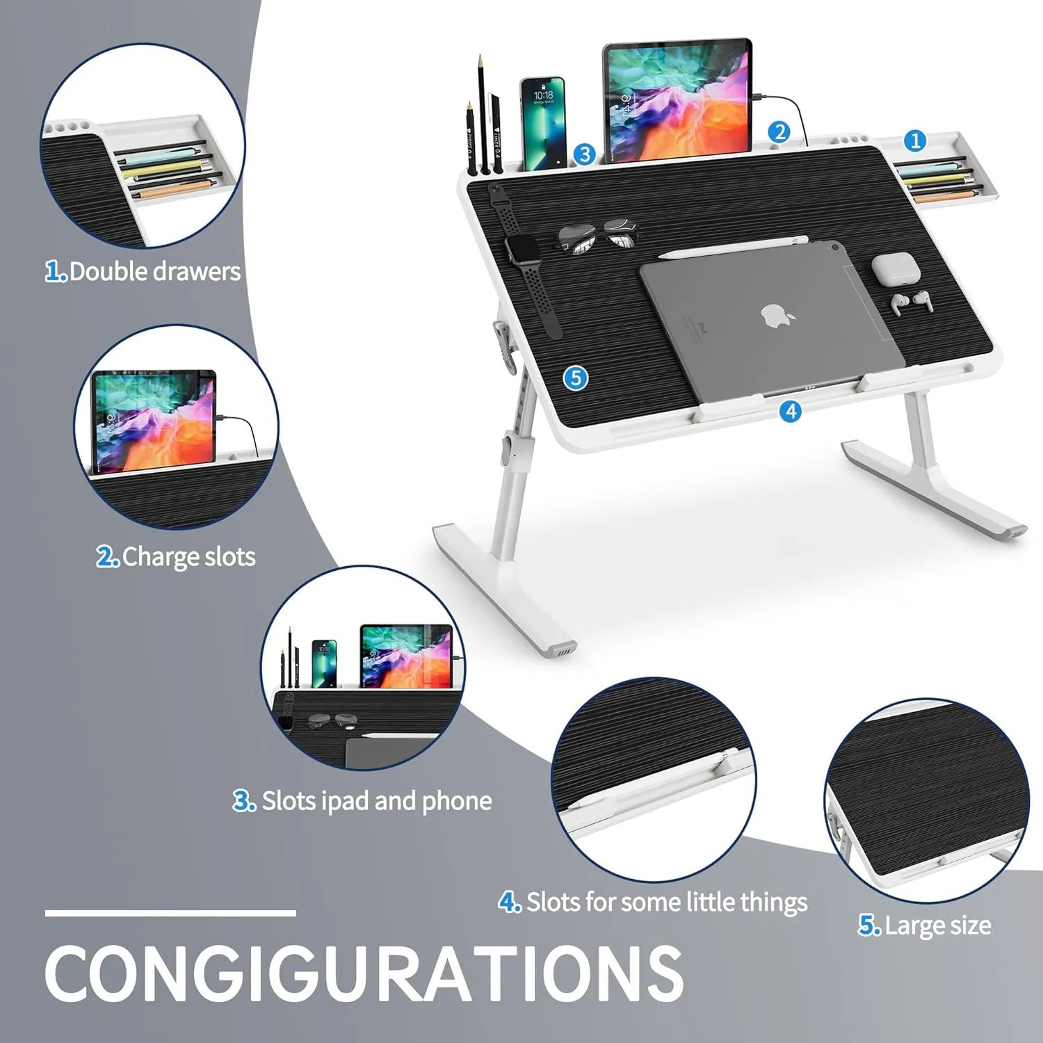 Monomi Laptop Stand for Bed, Adjustable and Light Weight Bed Desk Table Tray, X-Large Folding Lap Desk with Drawer for Eating Writing Drawing Working on Couch Floor Bed, Black