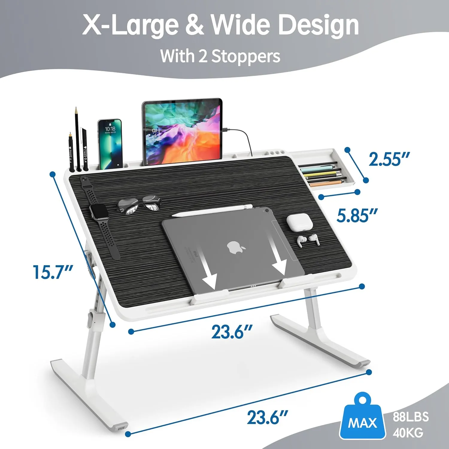 Monomi Laptop Stand for Bed, Adjustable and Light Weight Bed Desk Table Tray, X-Large Folding Lap Desk with Drawer for Eating Writing Drawing Working on Couch Floor Bed, Black