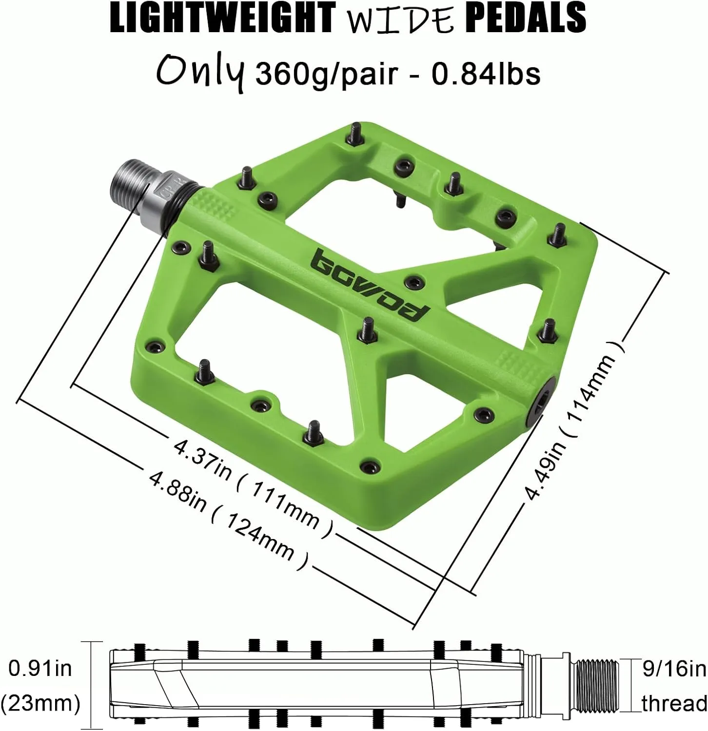 MTB Pedals Large Mountain Bike Pedals, Lightweight Nylon Fiber Composite Bicycle Platform Pedals, Grippy Pedals w 18 Pins, Cr-Mo Spindle fit w 2 Bearings, Clipless Pedals for BMX MTB Bike 9/16"