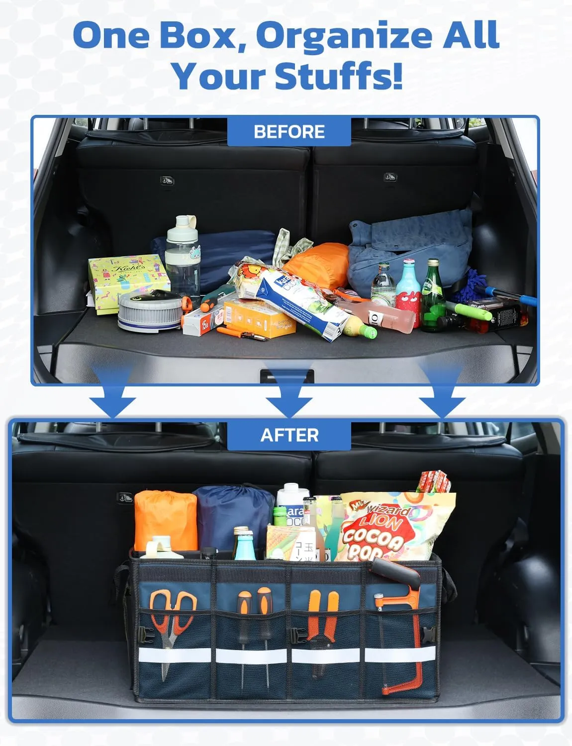 Oasser Car Trunk Organizer Collapsible Multi Compartments Trunk Organizer for SUV with Foldable Cover Reflective Strip (Standard, Blue)