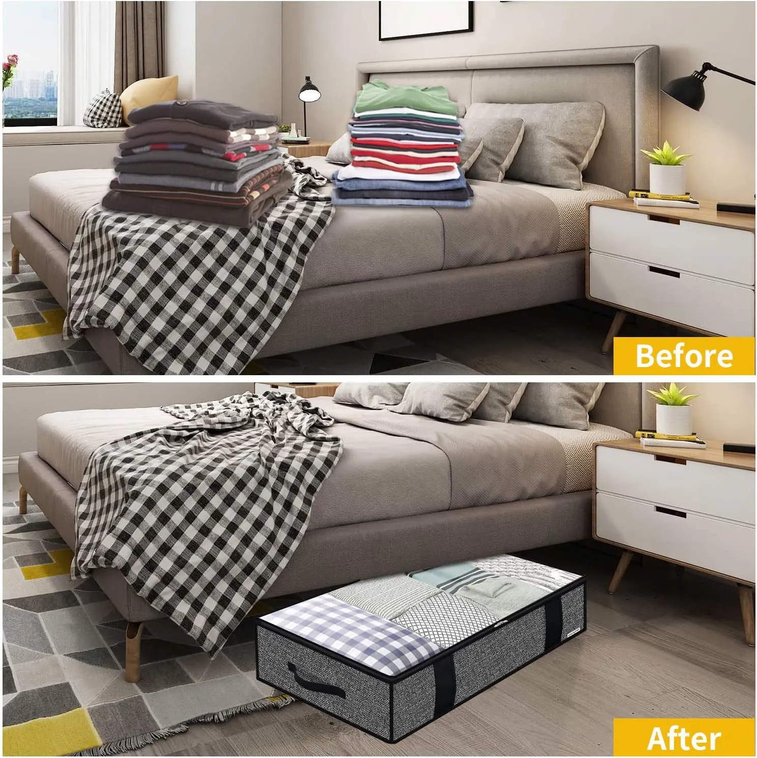 Onlyeasy Foldable Underbed Bags - 2 Pack Blankets Clothes Comforters Storage Bag Breathable Zippered Organizer for Bedroom with Clear Window and 4 Handles, 100 x50 x15cm, Linen-Like Black, MXAUBBP2