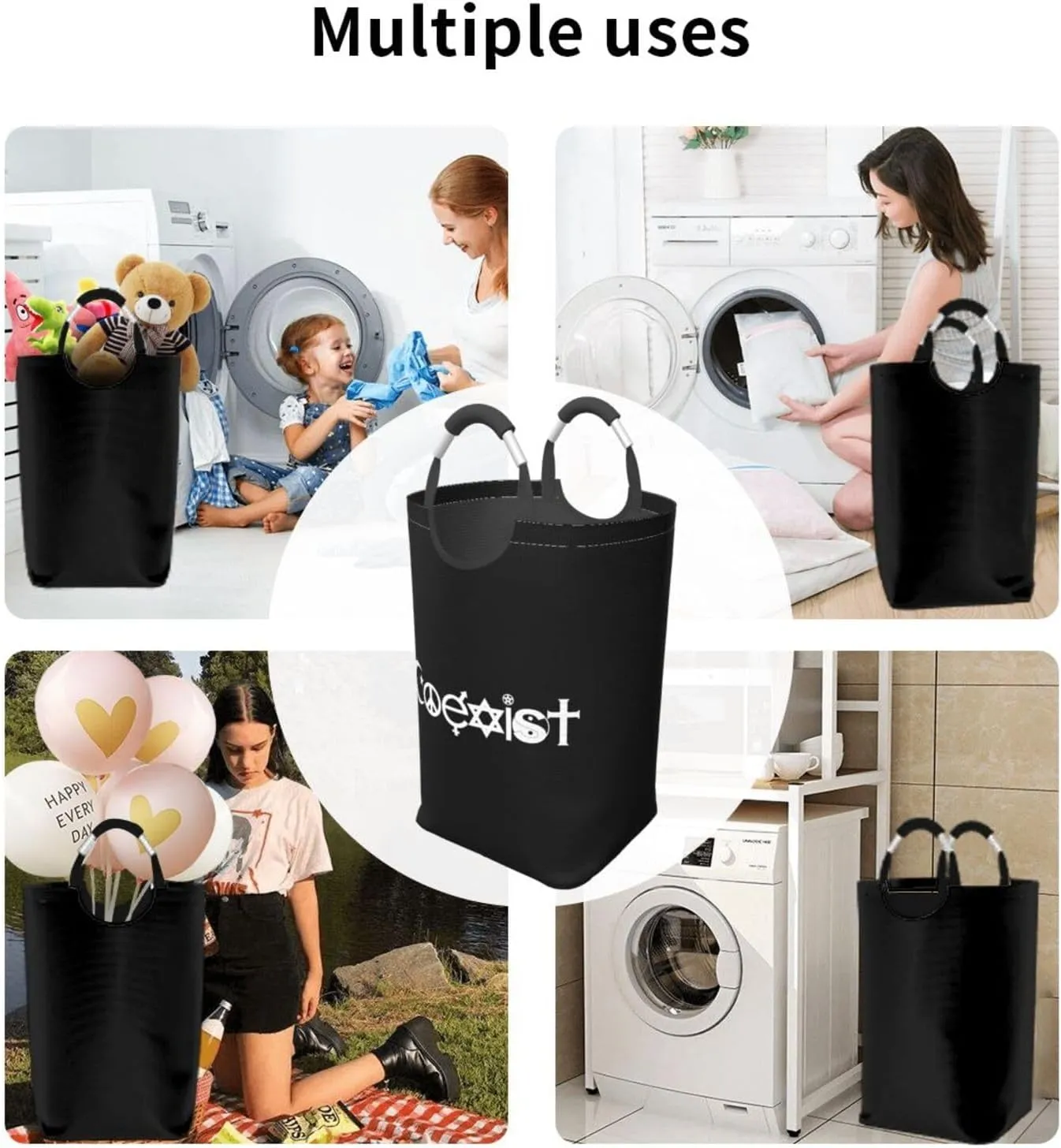 Original Coexist Symbols Dirty clothes hamper, foldable storage bag, laundry basket with handle 50 liters
