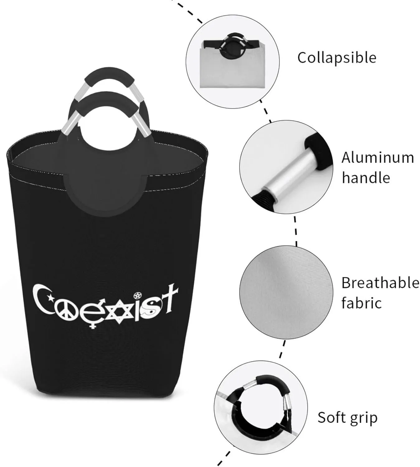 Original Coexist Symbols Dirty clothes hamper, foldable storage bag, laundry basket with handle 50 liters