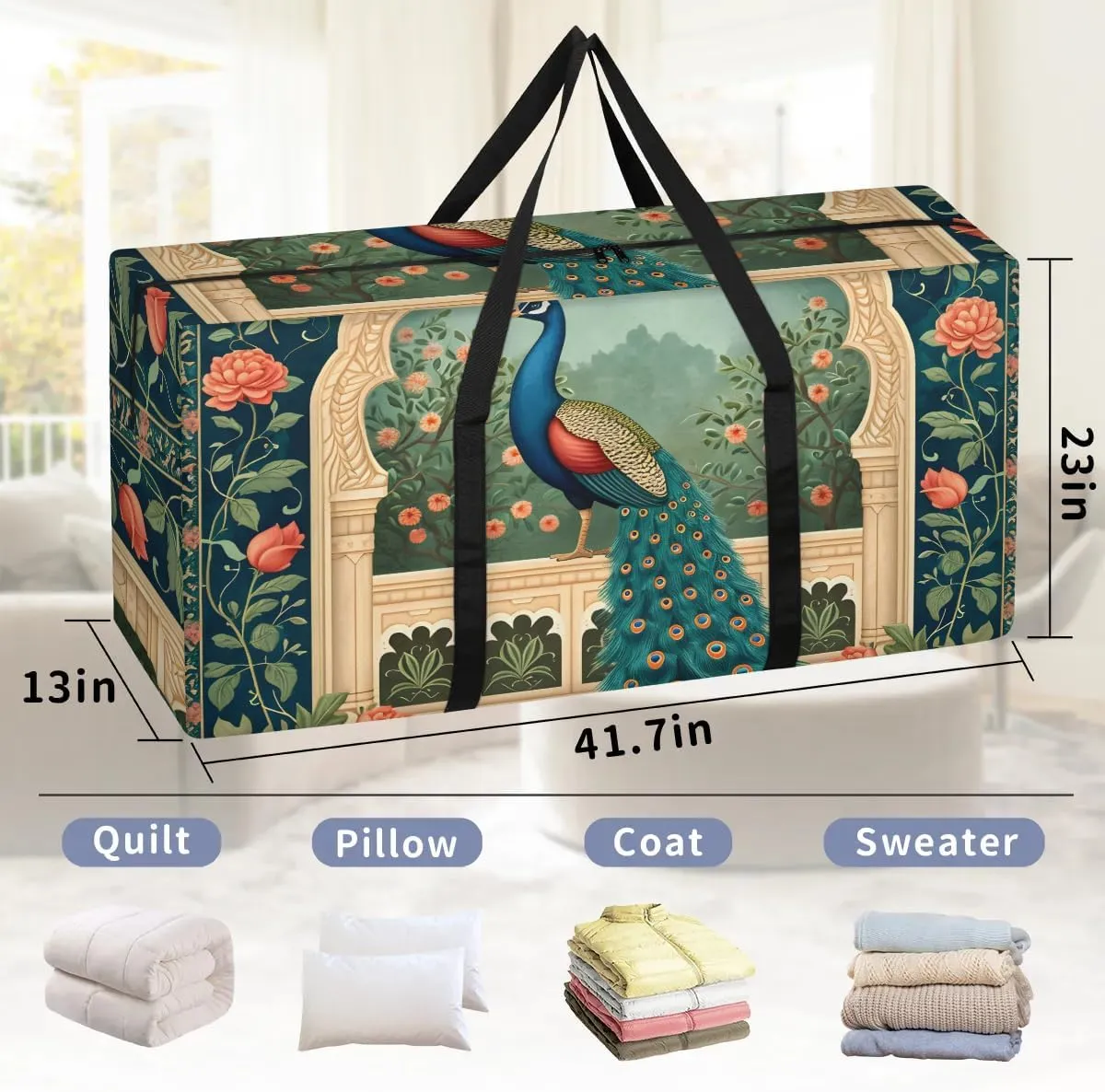 Oversized Moving Bags Peacock Rose Flower Waterproof Storage Totes Large Storage Bags for Clothes Packing Bags for Moving Travel & Clothes Storage