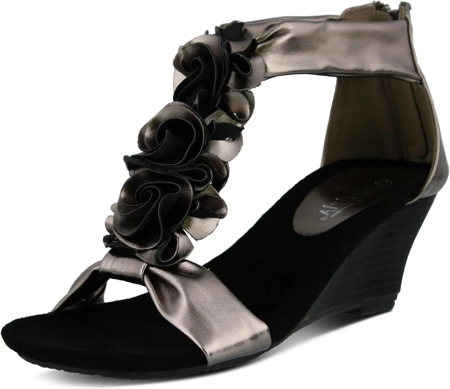 PATRIZIA Women's HARLEQUIN Ankle Strap T-Strap Wedge Sandals - Floral Design, Cushioned Insole, Back Zipper