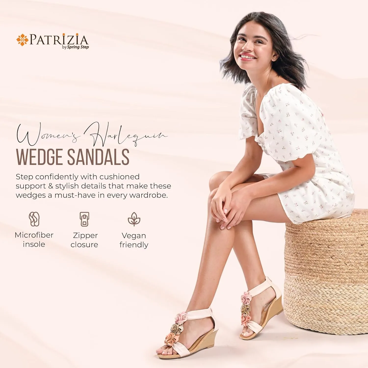 PATRIZIA Women's HARLEQUIN Ankle Strap T-Strap Wedge Sandals - Floral Design, Cushioned Insole, Back Zipper