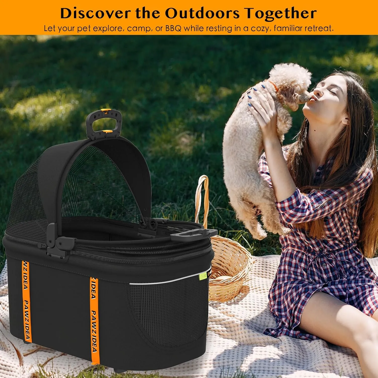 PAWZIDEA Portable Small Dog Crate for Car Travel, Enclosed Pet Car Seats for Small/Medium Dogs & Cats, Reversible No-Zip Canopy, Soft-Sided Pet Carrier Cage, Collapsible Travel Dog Kennel, Chew-Proof