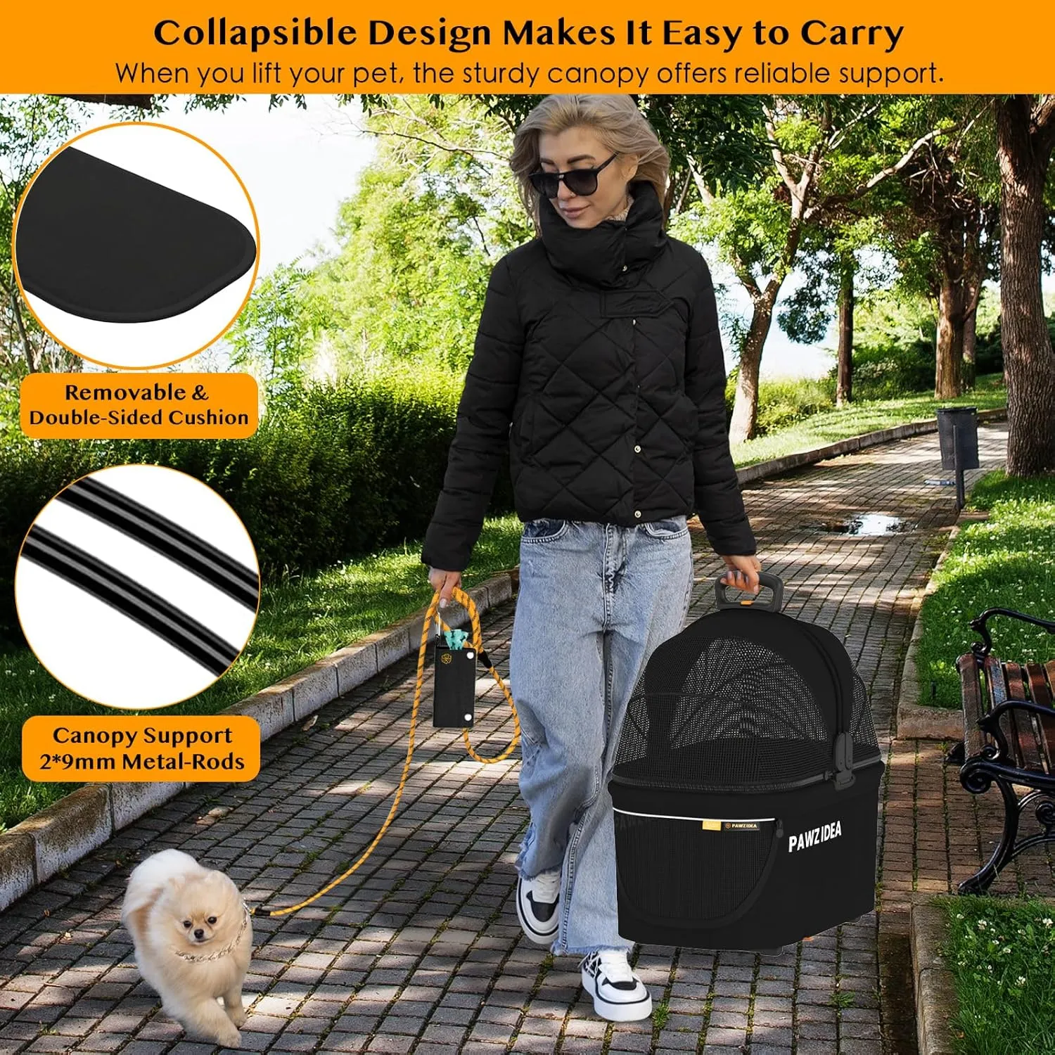 PAWZIDEA Portable Small Dog Crate for Car Travel, Enclosed Pet Car Seats for Small/Medium Dogs & Cats, Reversible No-Zip Canopy, Soft-Sided Pet Carrier Cage, Collapsible Travel Dog Kennel, Chew-Proof