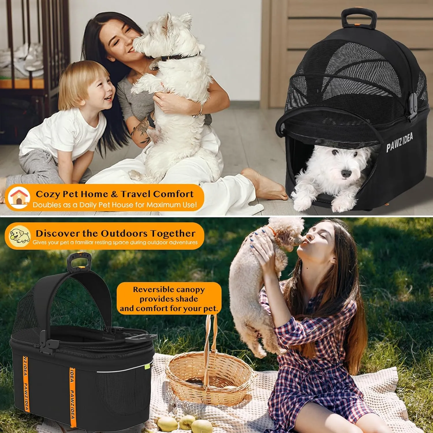 PAWZIDEA Portable Small Dog Crate for Car Travel, Enclosed Pet Car Seats for Small/Medium Dogs & Cats, Reversible No-Zip Canopy, Soft-Sided Pet Carrier Cage, Collapsible Travel Dog Kennel, Chew-Proof
