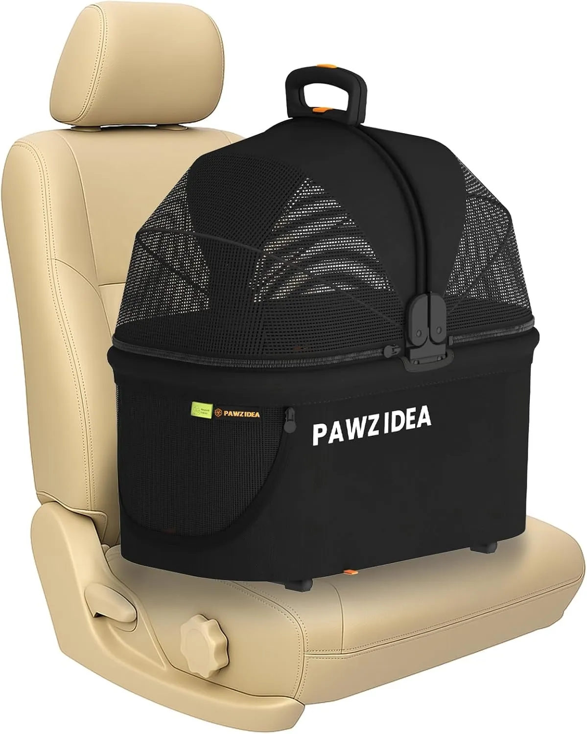 PAWZIDEA Portable Small Dog Crate for Car Travel, Enclosed Pet Car Seats for Small/Medium Dogs & Cats, Reversible No-Zip Canopy, Soft-Sided Pet Carrier Cage, Collapsible Travel Dog Kennel, Chew-Proof