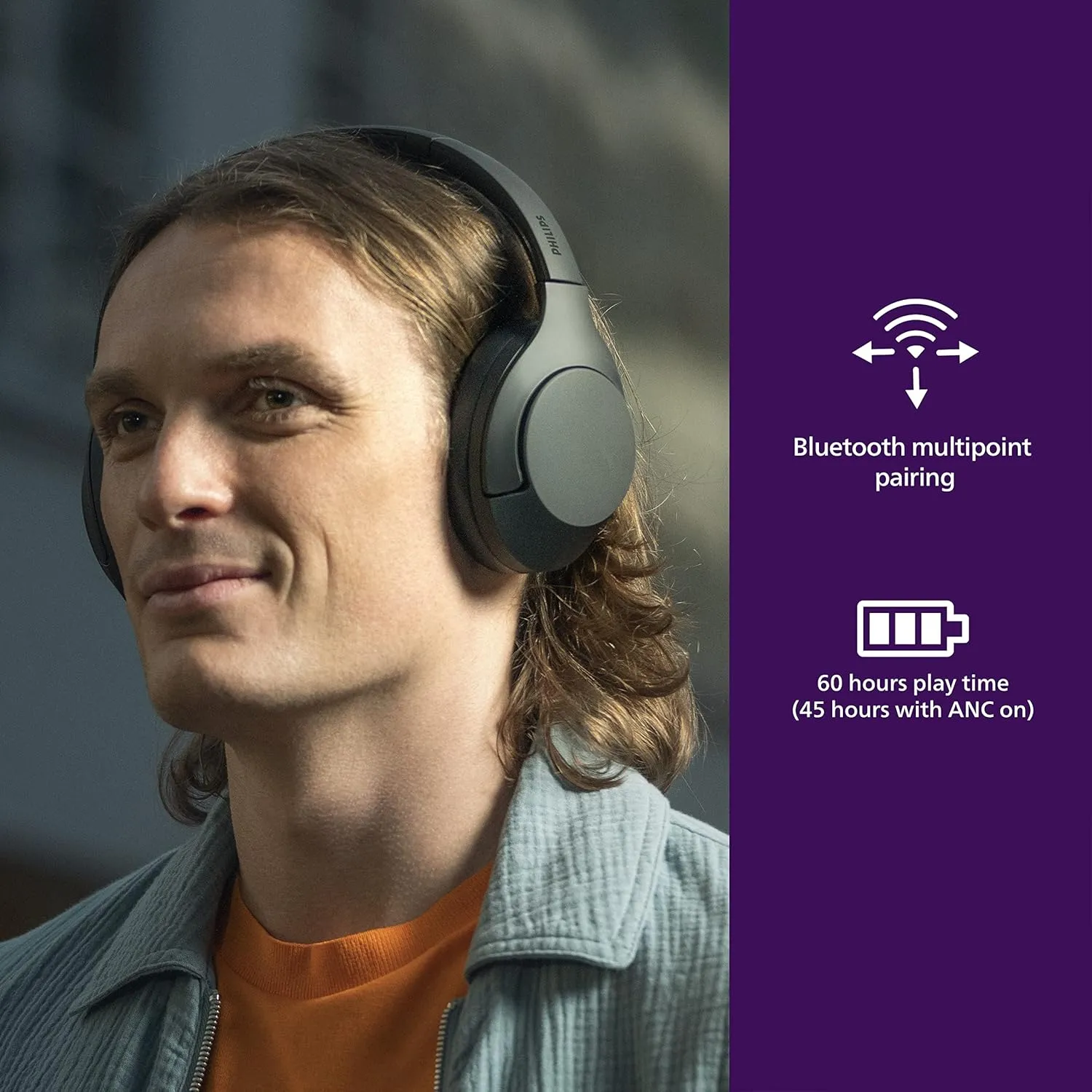 Philips H8506 Over-Ear Bluetooth Headphones with Noise Canceling Pro, Hi-Res Audio, 60-Hour Battery, Fast Charging, Lightweight, Soft Ear Cups, Bluetooth Multi-Point, App Control, Black