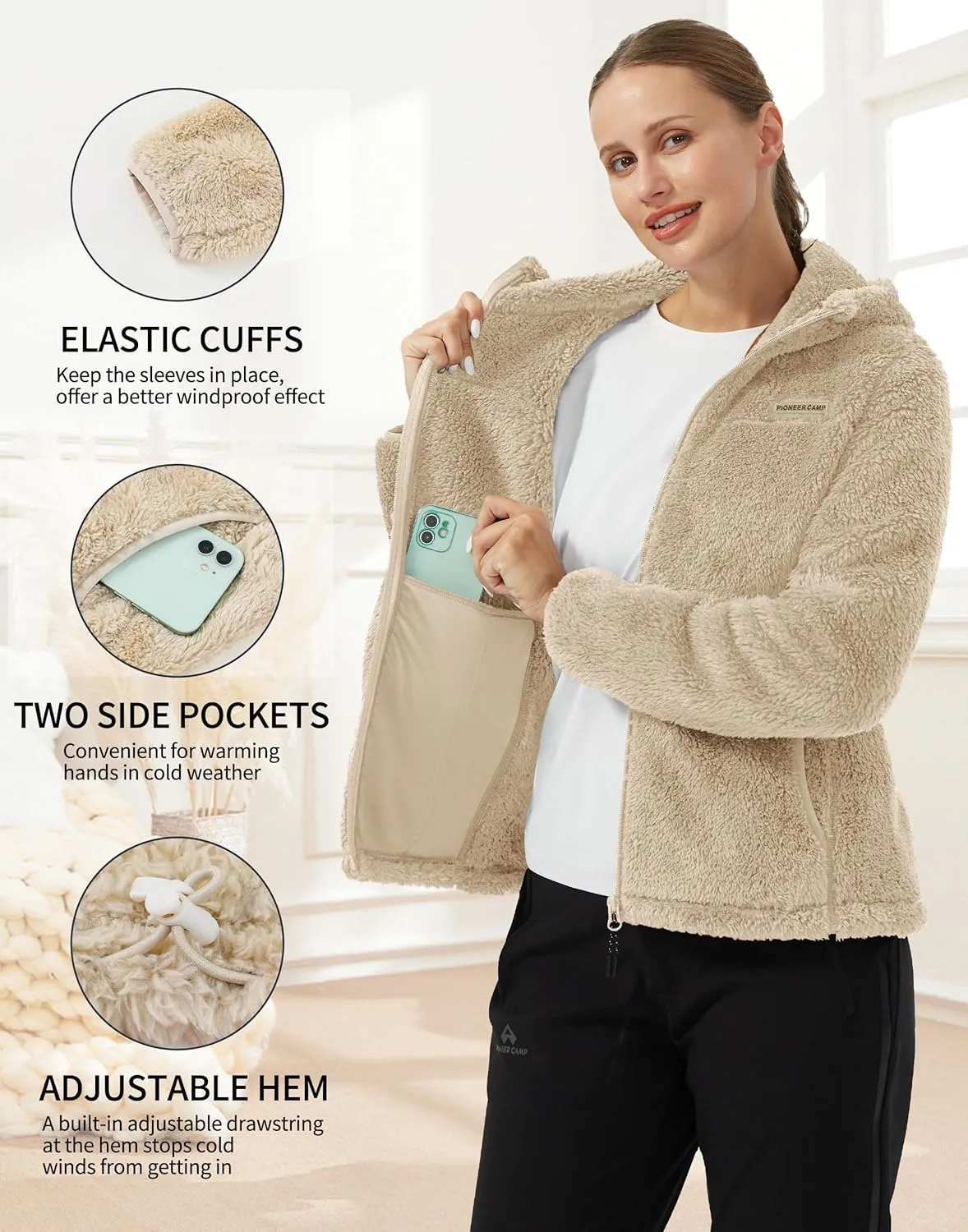 Pioneer Camp Women's Fuzzy Fleece Jacket Full Zip Up Lightweight Warm Soft Fleece Coat with hood for Spring Fall Winter