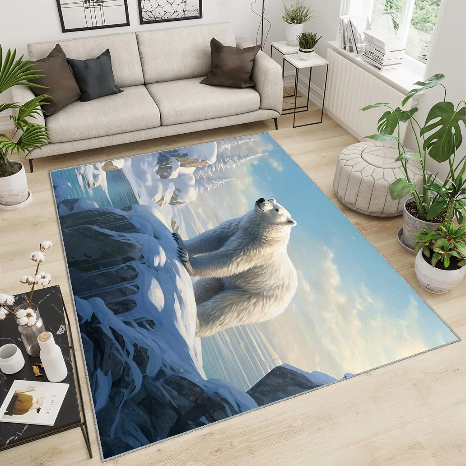 Polar Bear Rug, Living Room Area Rug 3x5, Cute Bear Winter Polar Bear Rug, White Bear Kids Rug, Arctic Scenery Carpet, Anti-Slip Foldable Washable Carpets for Bedroom Aesthetic Home & Decor