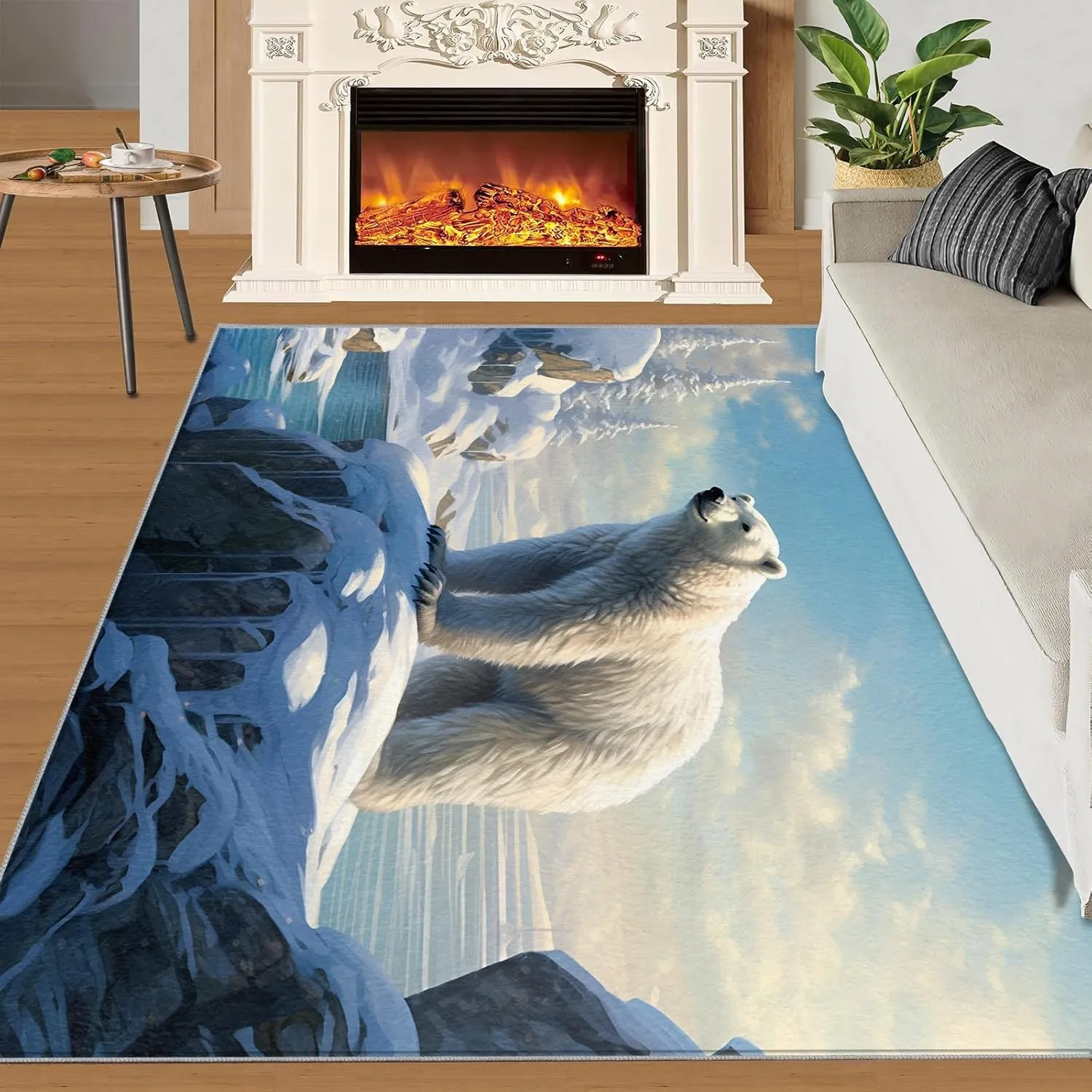 Polar Bear Rug, Living Room Area Rug 3x5, Cute Bear Winter Polar Bear Rug, White Bear Kids Rug, Arctic Scenery Carpet, Anti-Slip Foldable Washable Carpets for Bedroom Aesthetic Home & Decor