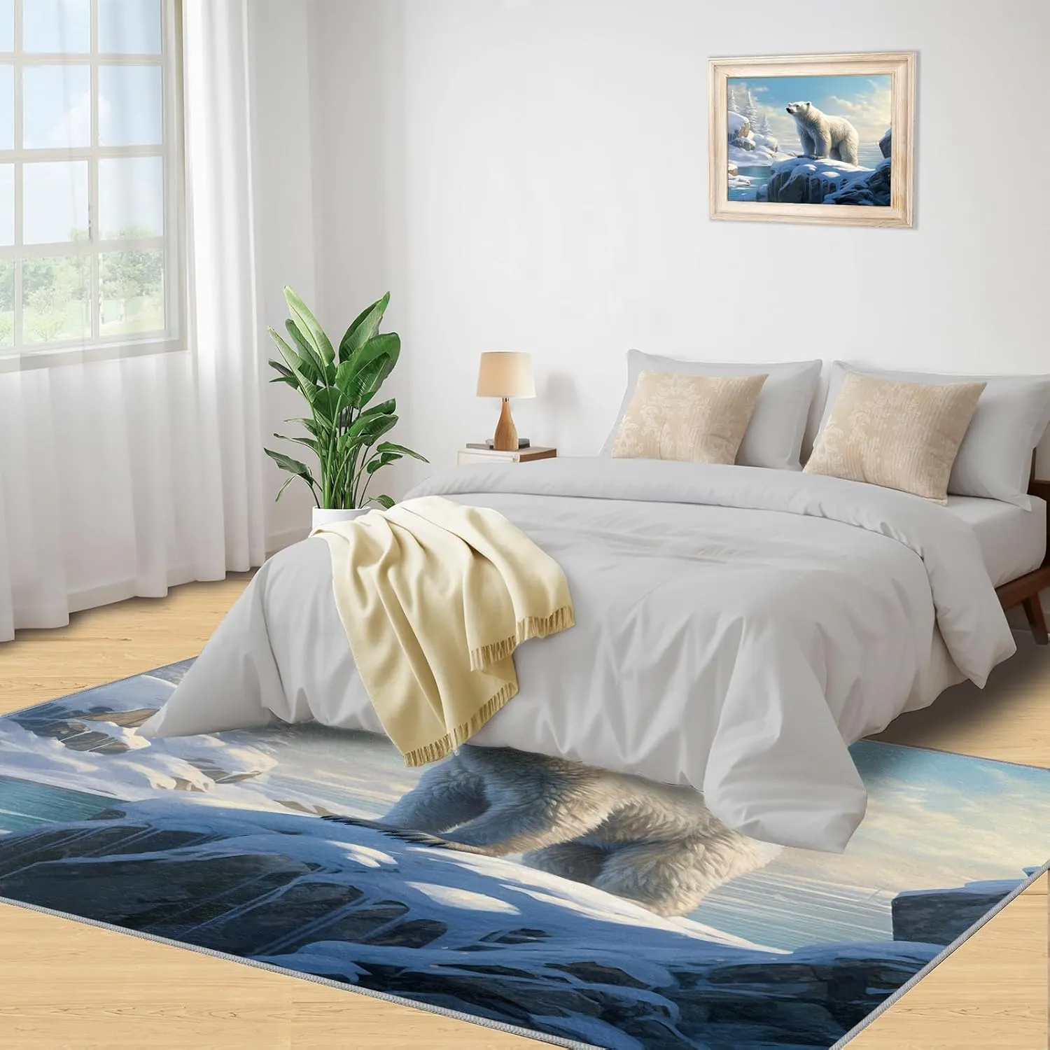 Polar Bear Rug, Living Room Area Rug 3x5, Cute Bear Winter Polar Bear Rug, White Bear Kids Rug, Arctic Scenery Carpet, Anti-Slip Foldable Washable Carpets for Bedroom Aesthetic Home & Decor