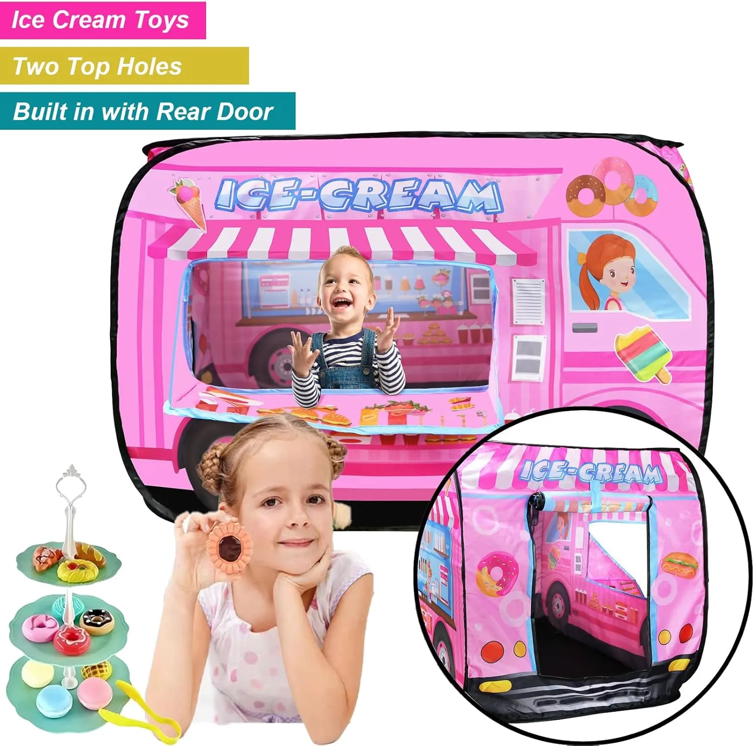 Pop Up Tents for Kids 2-4, Playhouse for Toddler with Golf, Dart, Basketball Hoop, Ice Cream Playset, Foldable Tent for Toddlers, Sports Play Tent, Flat-Folding Ice Cream Truck