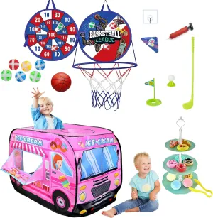 Pop Up Tents for Kids 2-4, Playhouse for Toddler with Golf, Dart, Basketball Hoop, Ice Cream Playset, Foldable Tent for Toddlers, Sports Play Tent, Flat-Folding Ice Cream Truck