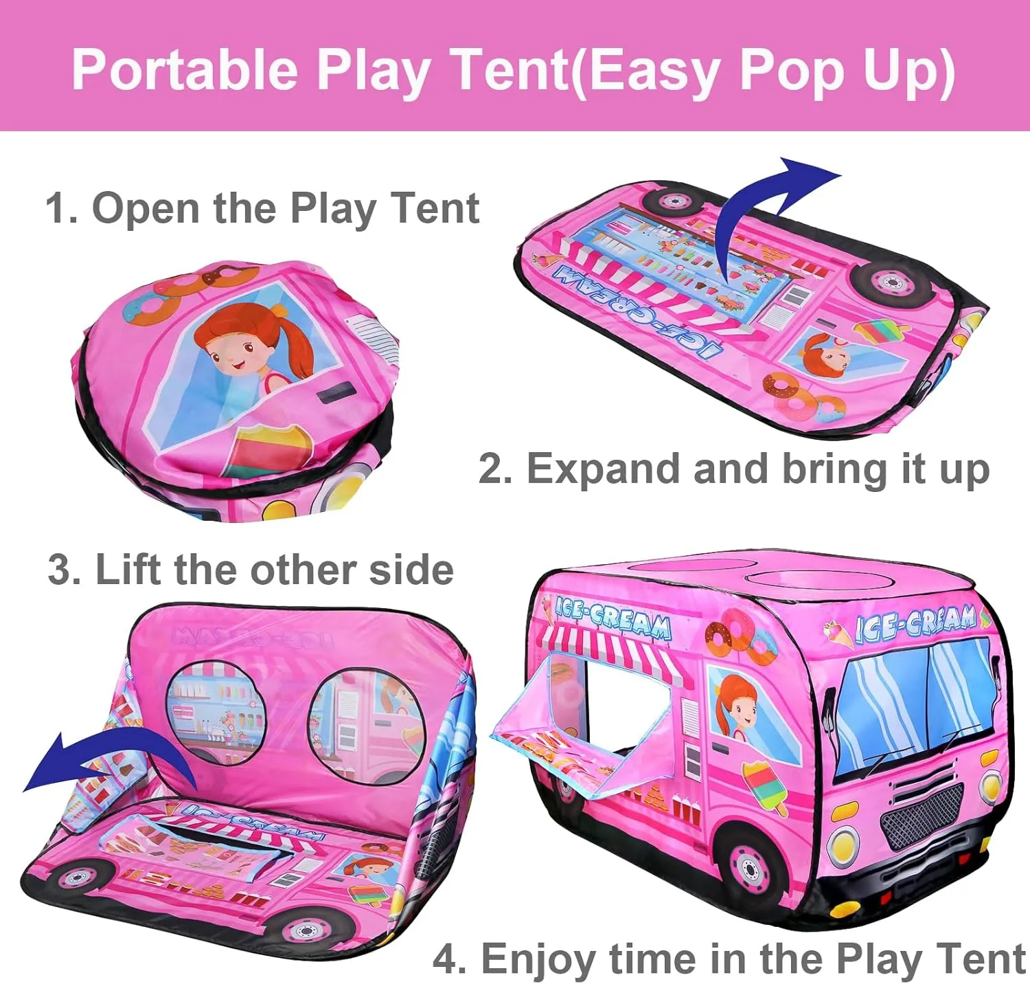 Pop Up Tents for Kids 2-4, Playhouse for Toddler with Golf, Dart, Basketball Hoop, Ice Cream Playset, Foldable Tent for Toddlers, Sports Play Tent, Flat-Folding Ice Cream Truck