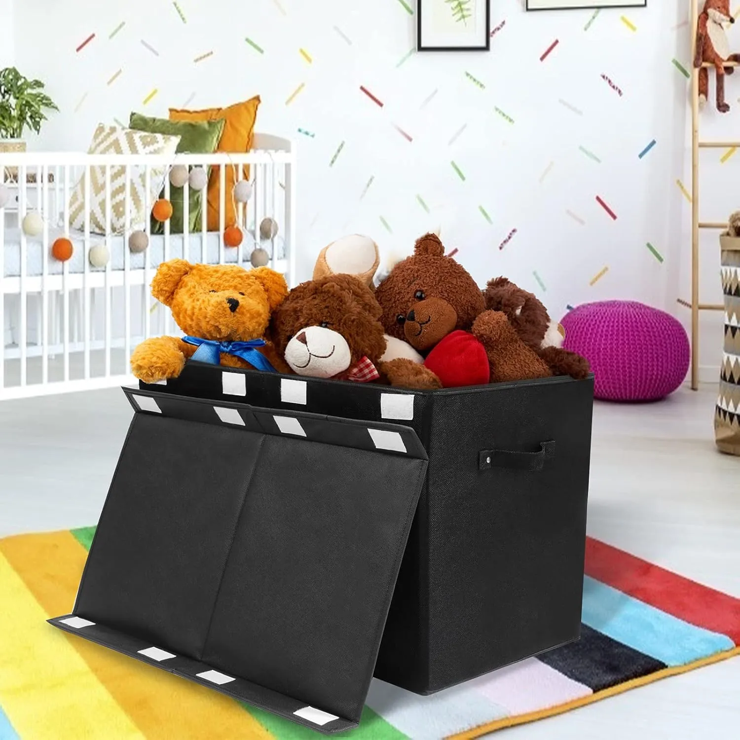 popoly Large Toy Box Chest Storage with Flip-Top Lid, Collapsible Kids Storage Boxes Container Bins for Toys, Playroom Organizers, 25"x13" x16" (Linen Black)