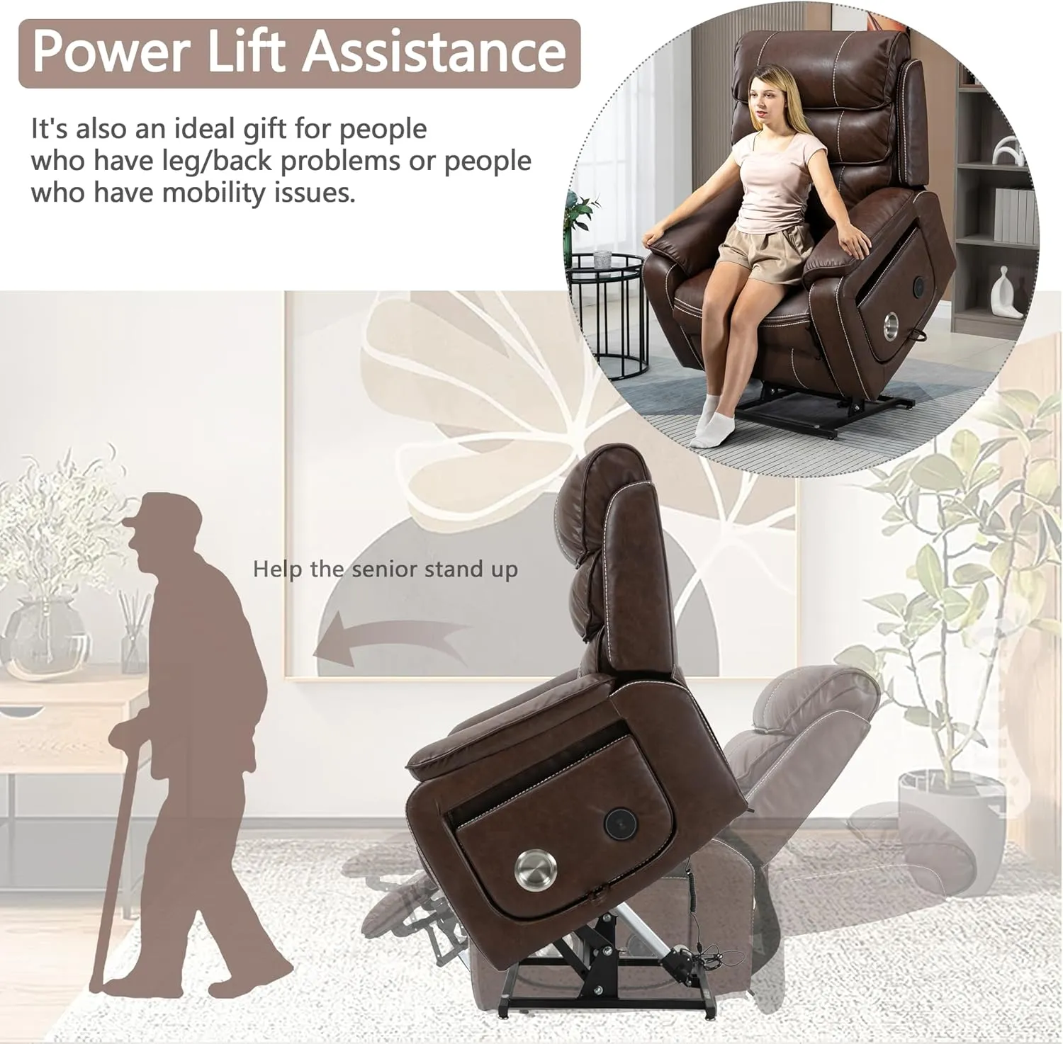 Power Lift Recliner Chair for Adults Elderly Lay Flat Leather Recliners with Massage Heating, Extended Footrest, Wireless Charging Device, USB Ports, Cup Holder, Lumbar Pillow, Up to 400LBS